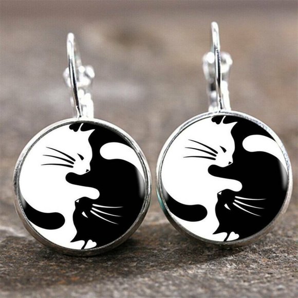 Park Place Posh Jewelry - NEW Cat Yin Yang Glass Cabochon Earrings